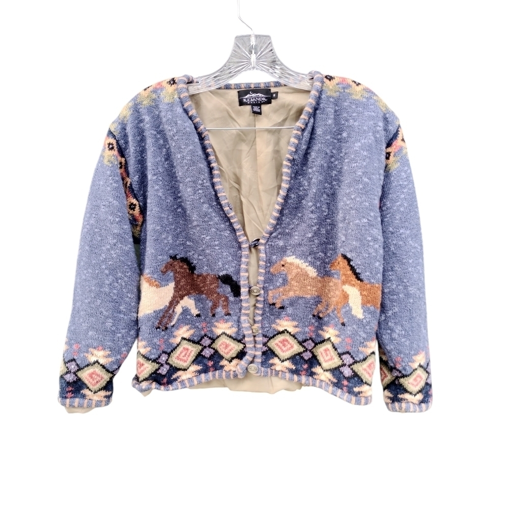 Vintage 2001 Icelandic Design Horse Cardigan Women's M Linen Blend Lined